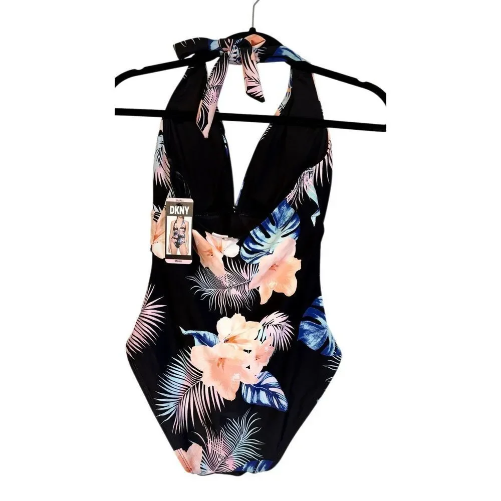 NWT DKNY Women’s Halter Neck 1 Piece Floral Swimsuit Small Cruise Tropical - Picture 2 of 9